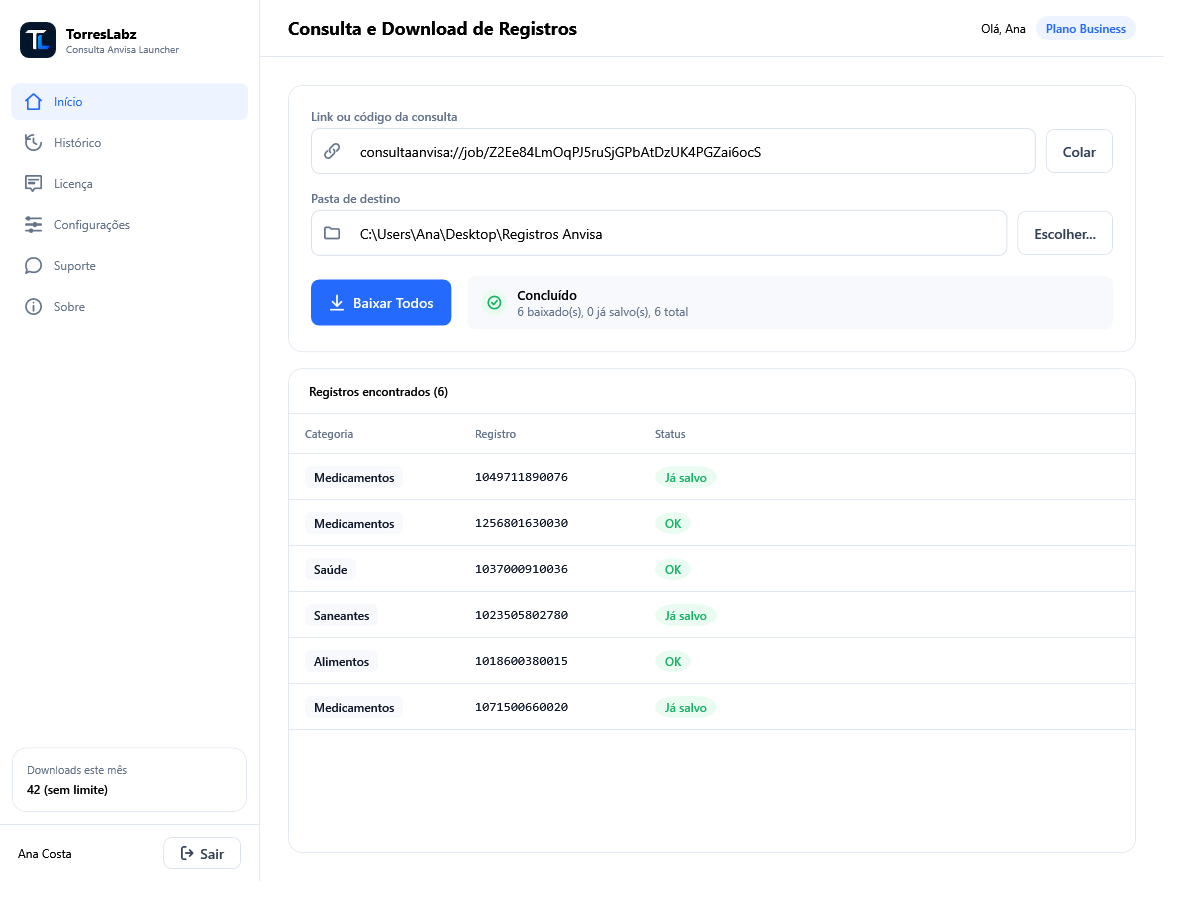 Tela principal do Consulta Anvisa Launcher, mostrando a lista de registros baixados